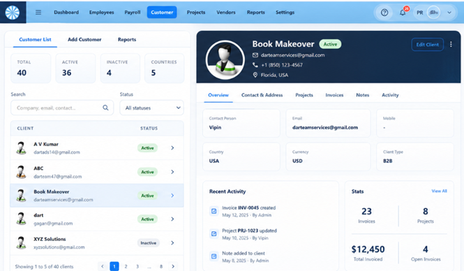 SmartAdmin client management screen with customer list and account details